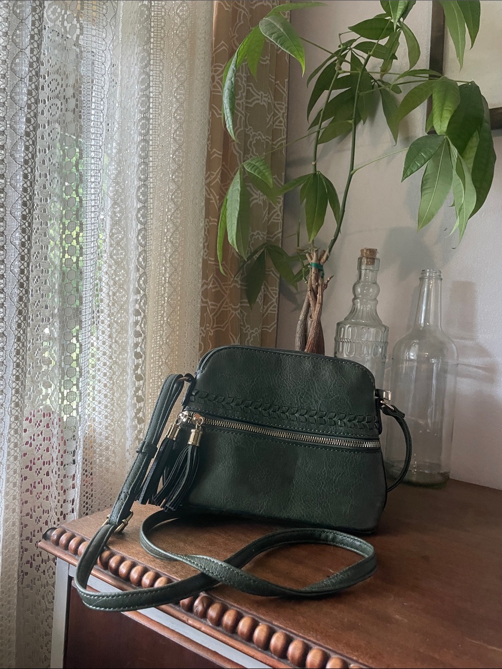 Dark Green Tassel Crossbody Bag for Women